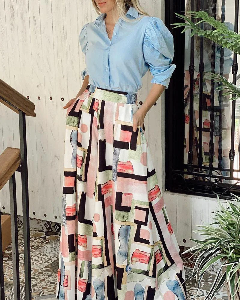 LAPEL SOLID COLOR TOP PRINT TROUSERS TWO-PIECE SET