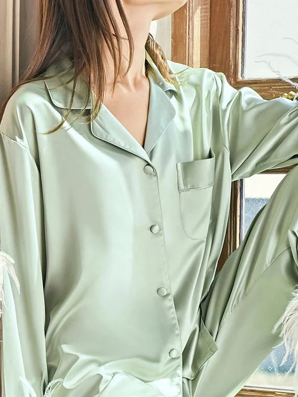 Long Sleeves Buttoned Feathers Split-Joint Notched Collar Shirts Top + Pants Bottom Pajama Sets