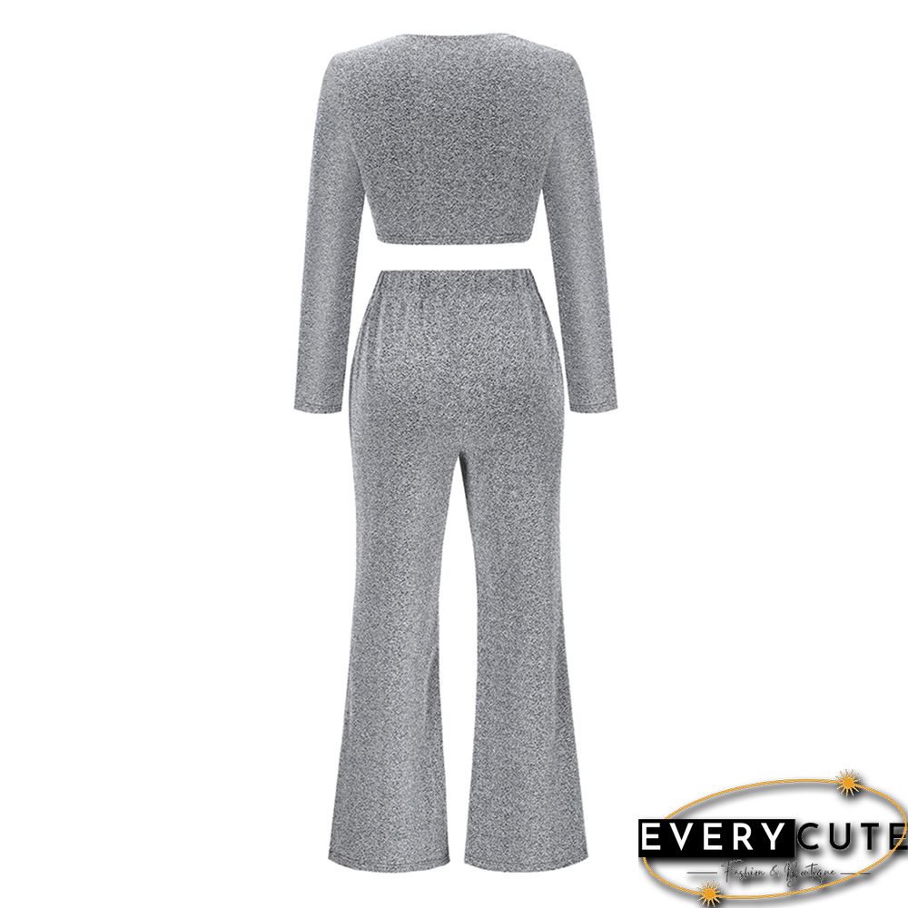 Light Gray Bronzing Long Sleeve Top with Flared Pants Set
