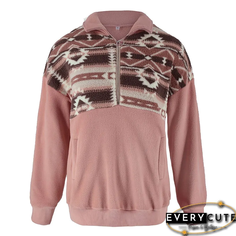 Pink Splice Print Polar Fleece Warm Pullover Sweatshirt