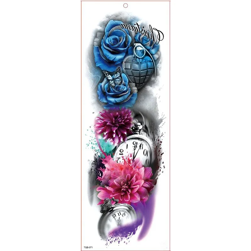 Large Arm Sleeve Tattoo Waterproof Temporary Tattoo Sticker Clock Rose Full Flower Tatoo Body Art Tattoo Girl