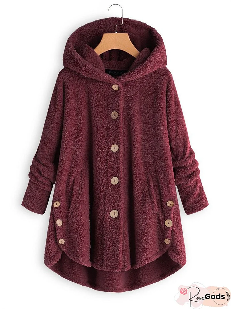 Cozy Long Sleeve Fleece Hooded Fuzzy Asymmetrical Hem Button Teddy Bear Coat