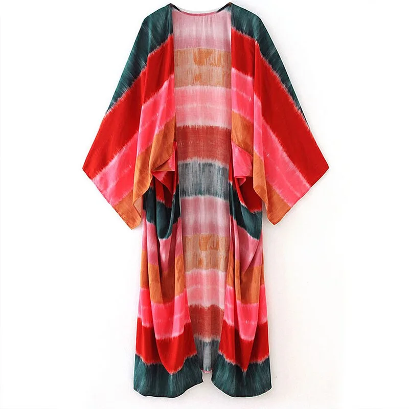 Fitshinling Colorful Summer 2021 Beach Cover Up Tie Dye Striped Oversize Kimono Swimwear Bohemian Vintage Bikini Outing Cardigan