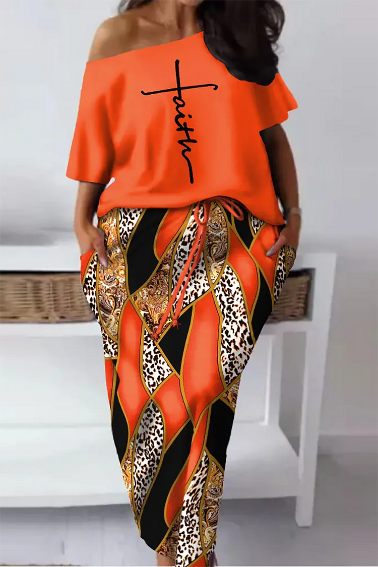 Xpluswear Plus Size Orange Casual Baroque Leopard Print Skew Neck Midi Dress