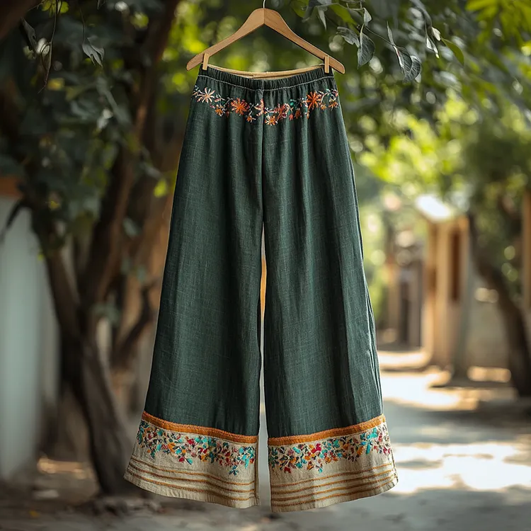Vintage Embroidered Flower Linen Blend Casual Pants