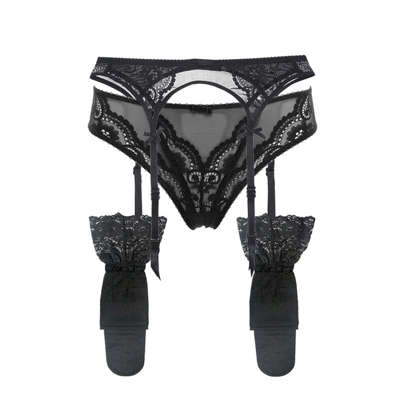 Varsbaby women's sexy lace bow underwear 3 pcs/lots garters+panties+stockings for lady