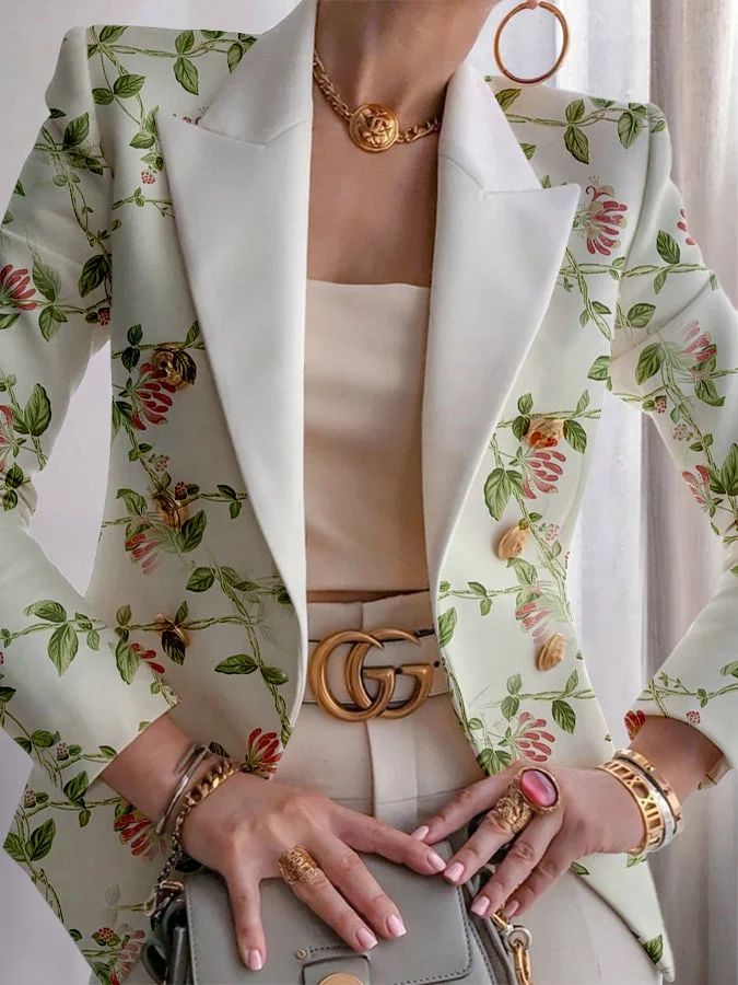 Women's Fashion Floral Plaid Print Button Design Blazer
