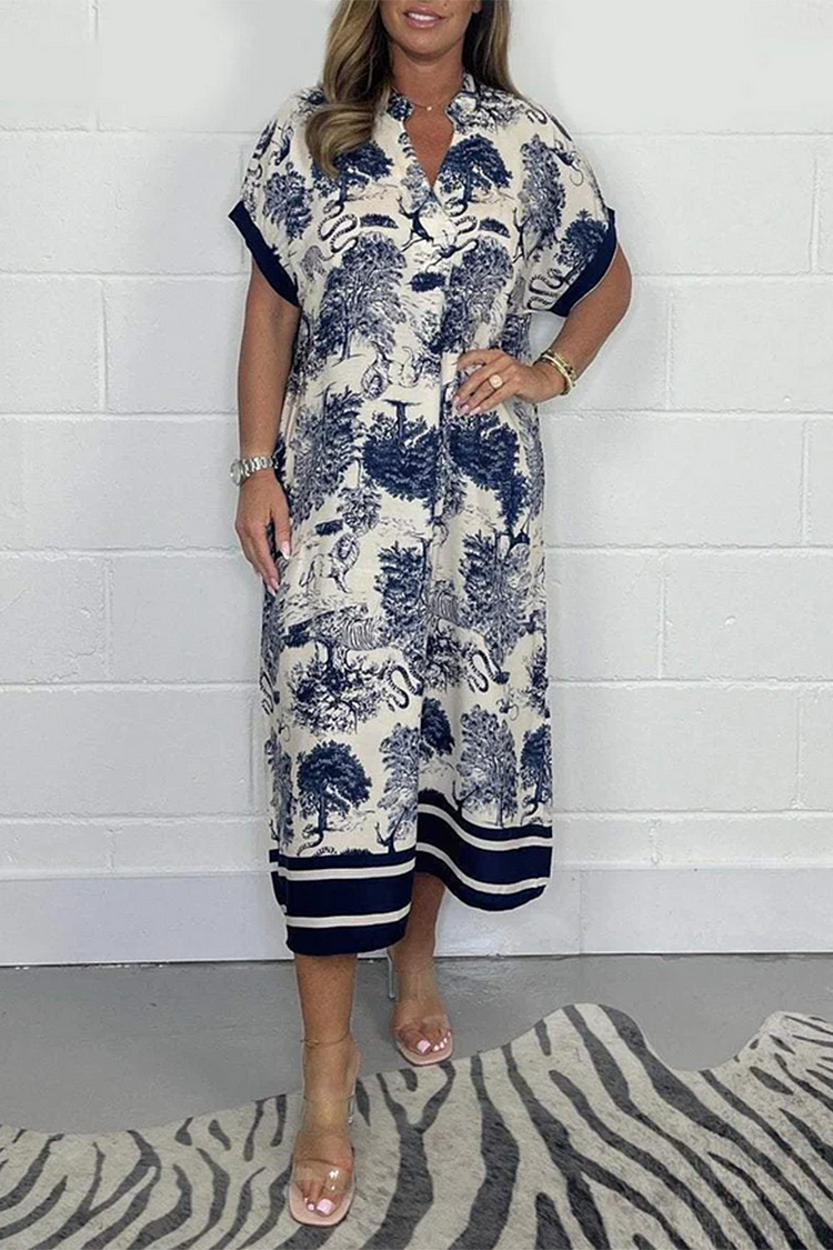 Pattern Printed Linen Stand Collar Short Sleeve Midi Dresses [Pre Order]