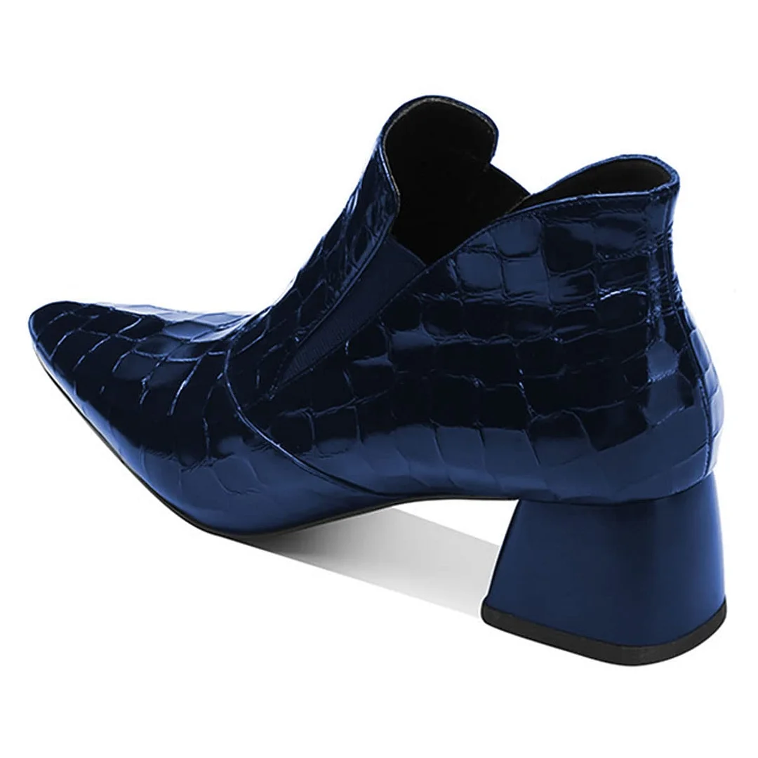 Dark Blue Croc-Embossed Vegan Leather Back-Zip Block Heel Ankle Boots