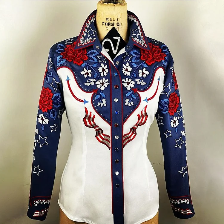 Ethnic Colorblock Stars Floral Print Long Sleeve Button Blouse