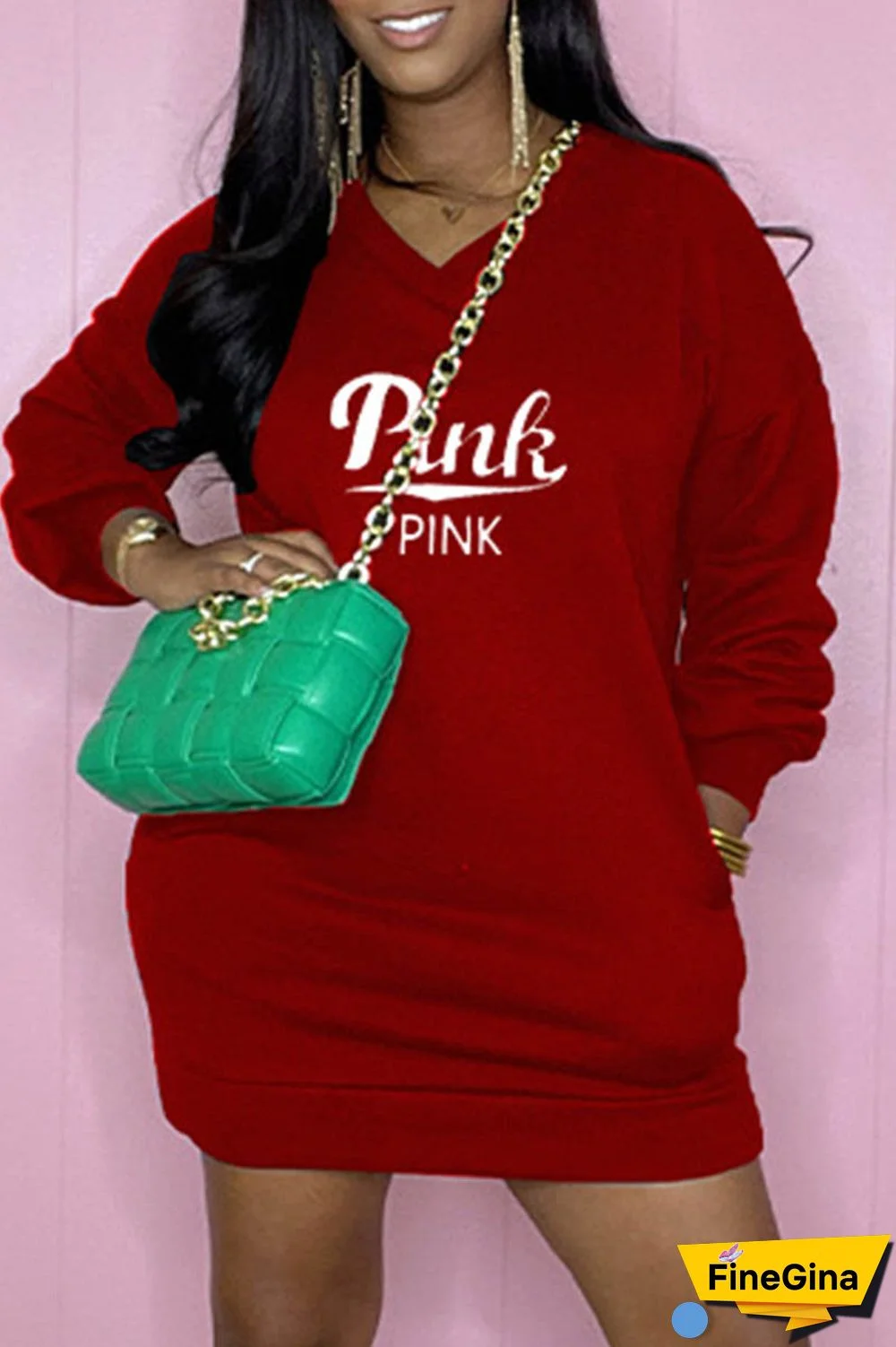 Blue Casual Letter Print Patchwork V Neck Long Sleeve Dresses