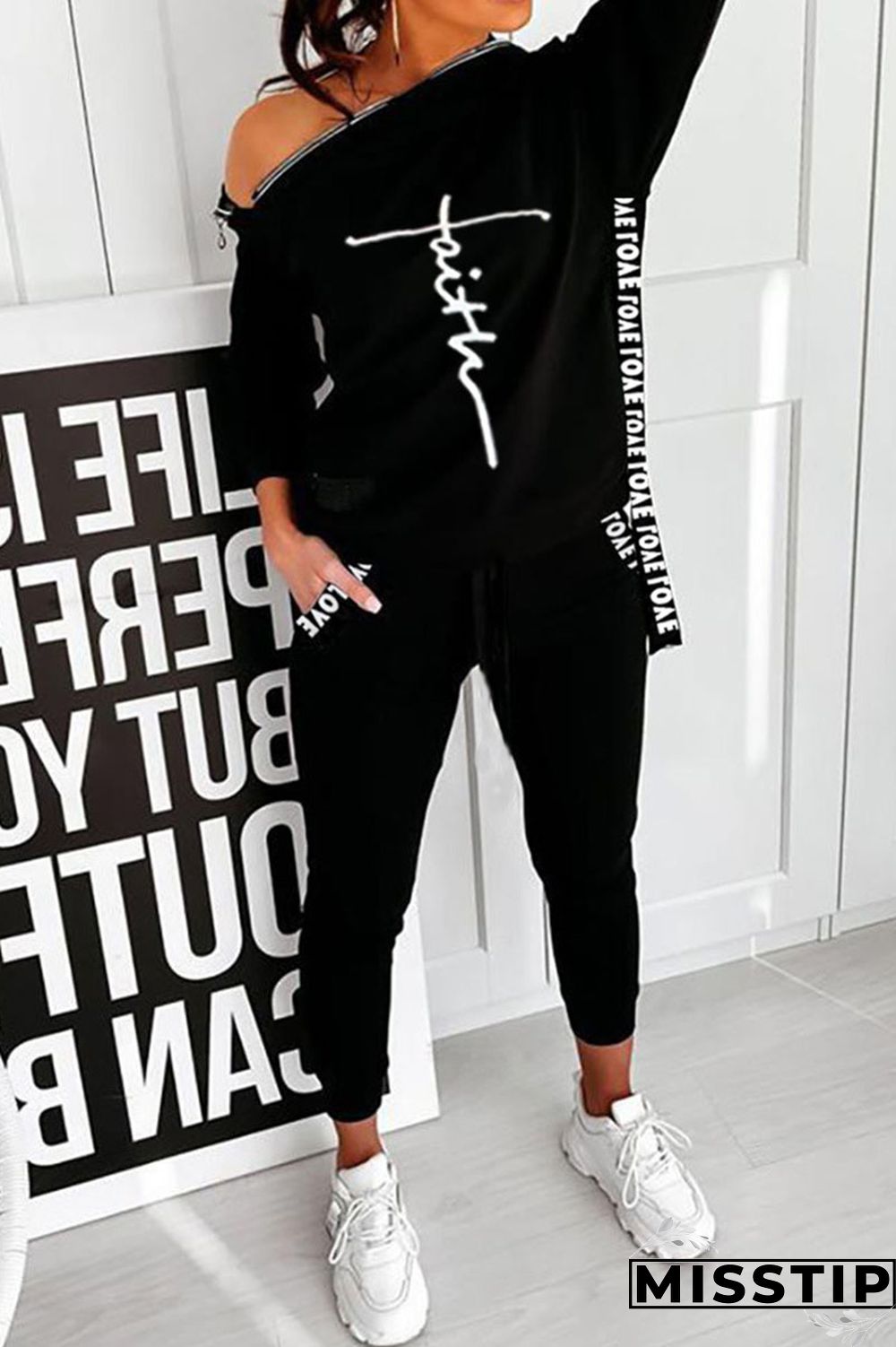 Black Casual Sportswear Print Patchwork Zipper Hooded Collar Long Sleeve Two Pieces