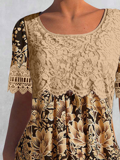 Women's Short Sleeve Scoop Neck Lace Stitching Graphic Top