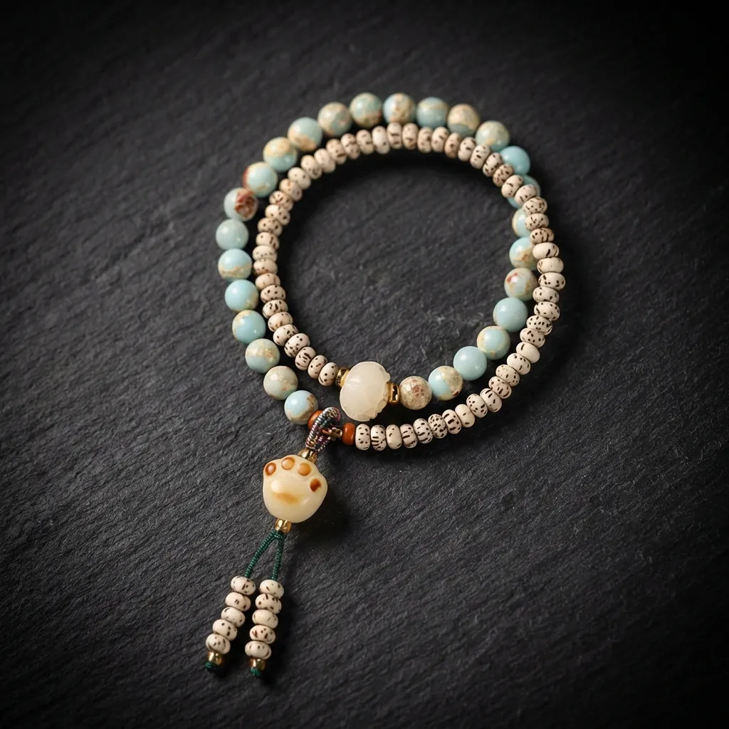 JiStones Celestial Serenity: Star Moon Bodhi & Shoushan Stone Cat Paw Bracelet Celestial Double Layer [Shoushan Cat Paw Pendant]