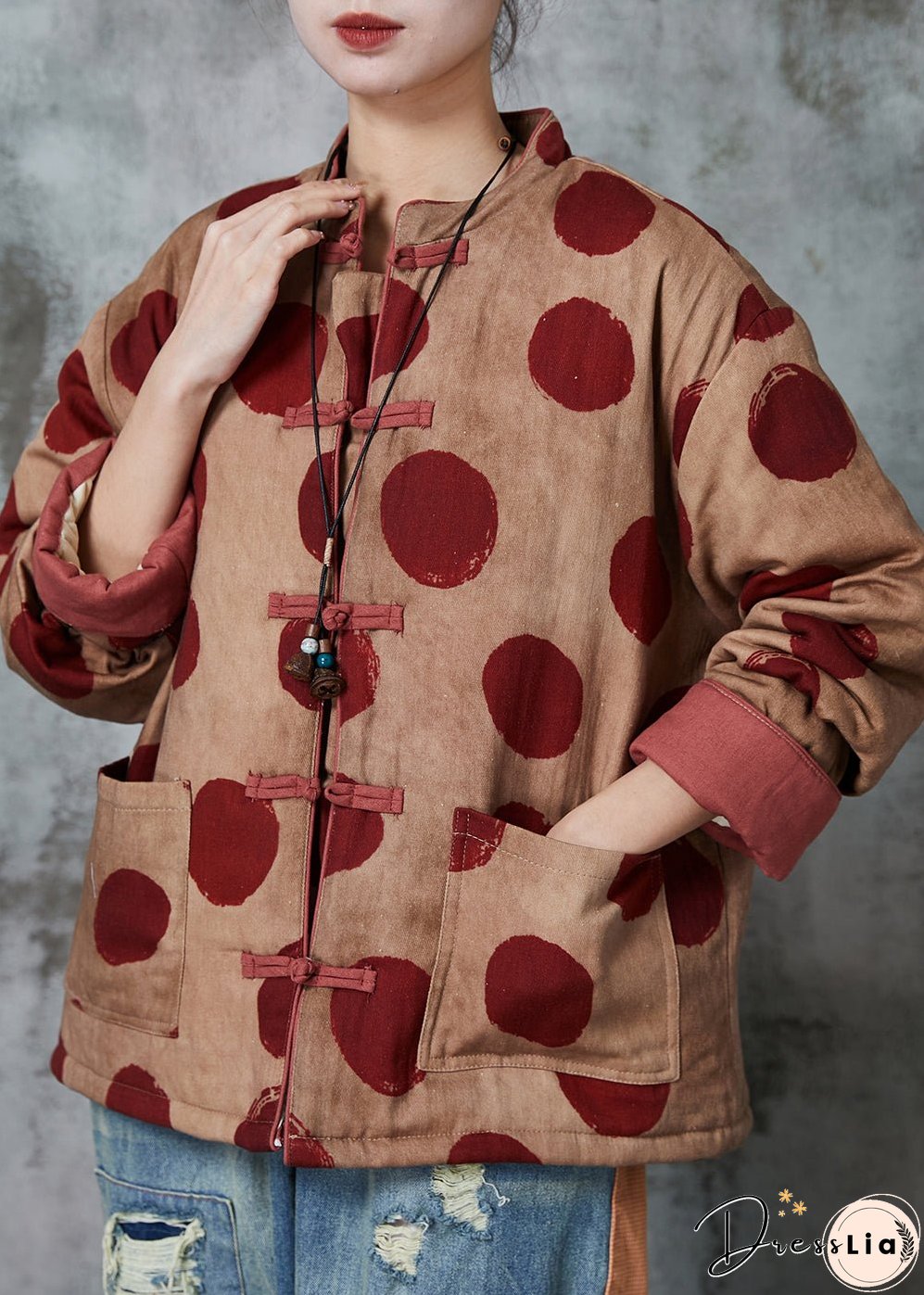 Women Orange Print Chinese Button Fine Cotton Filled Coat Winter