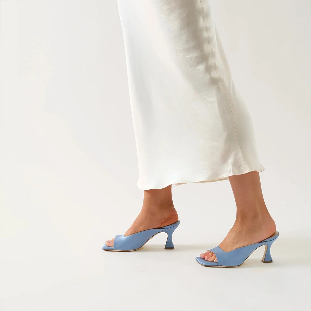 Light Blue Satin Square Toe Slip On Flared High Heel Mules