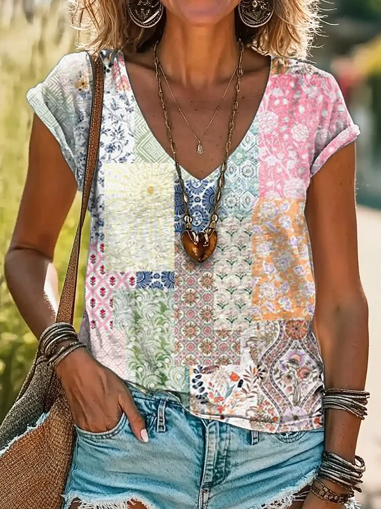 Women's Floral Patchwork Art Print Cotton V Neck T-Shirt