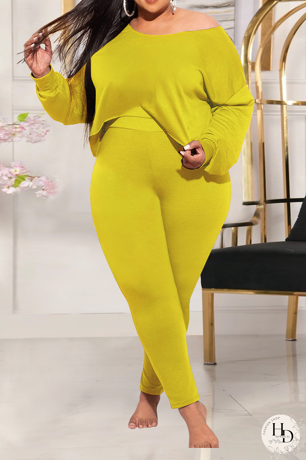 Yellow Casual Solid Split Joint O Neck Plus Size Two Pieces