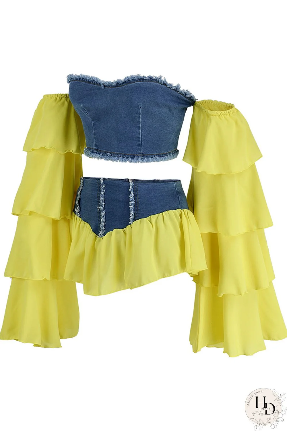 Yellow Fashion Sexy Patchwork Backless Off the Shoulder Long Sleeve Two Pieces