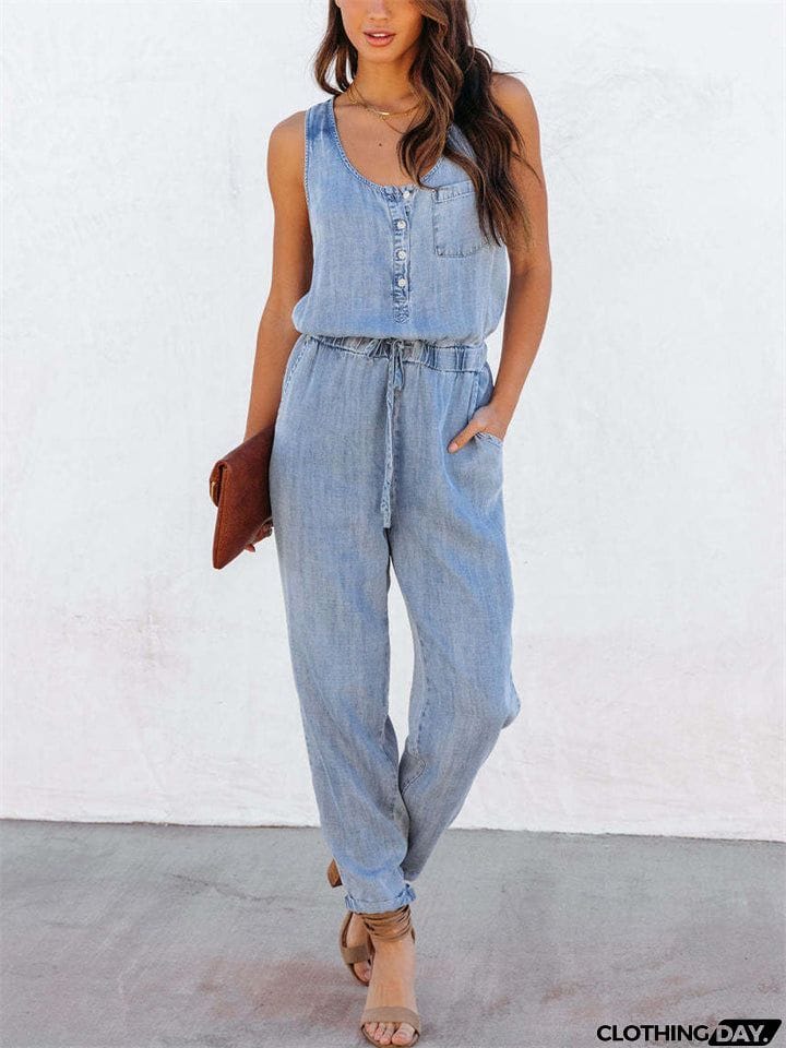 Women's Trendy U Neck Sleeveless Elastic Waist Loose Denim Jumpsuits