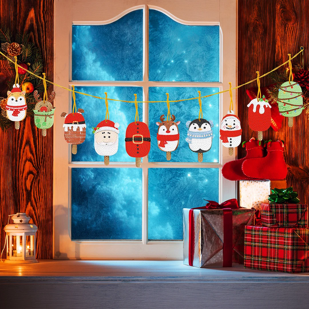 10pcs Christmas Diamond Painting Ornament Ice Cream Christmas Penguin Elk Snowman Gift (Single-sided Shaped Diamond)