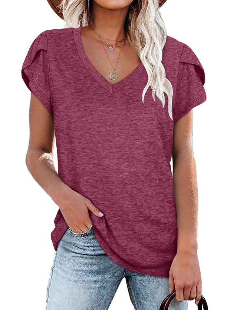 Women's Petal Sleeve Casual T-shirts - Purple