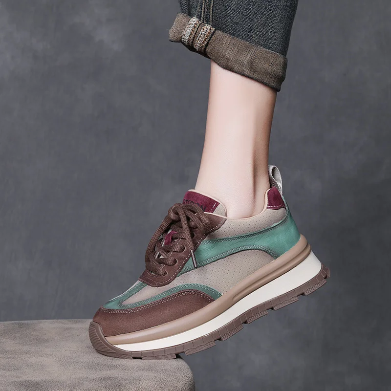 Yyvonne Layer Of Cowhede Thick-Bottomed Sports Casual Shoes Women's Spring New Leather Round Head Tie With Comfortable Single Shoes