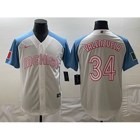 Men's Mexico Baseball #34 Fernando Valenzuela 2023 White Blue World Baseball Classic Stitched Jersey 0UM3