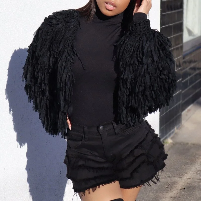 Abebey Viifaa Hollow Out Fringe Cropped Cardigan  Tops Fall 2023 Womens Fashion Solid Color Streetwear Knitted Sweater Coat