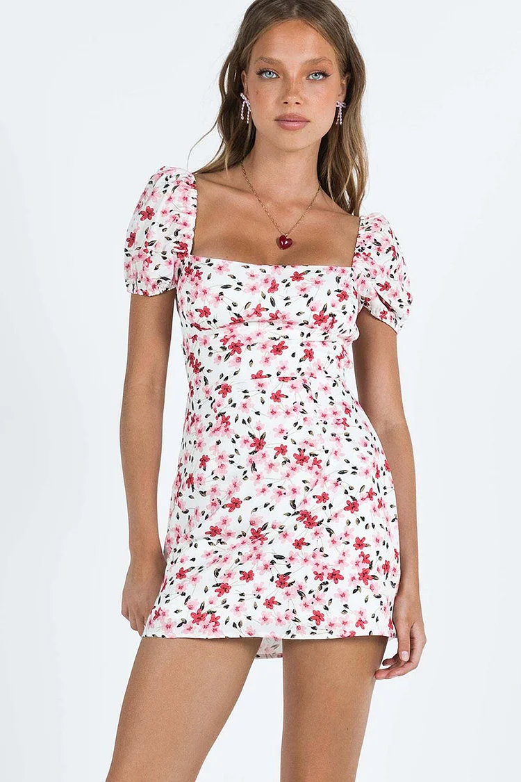 Square Neck Short Puffy Sleeve Floral Print Lace Up Vacation Backless Mini Dresses