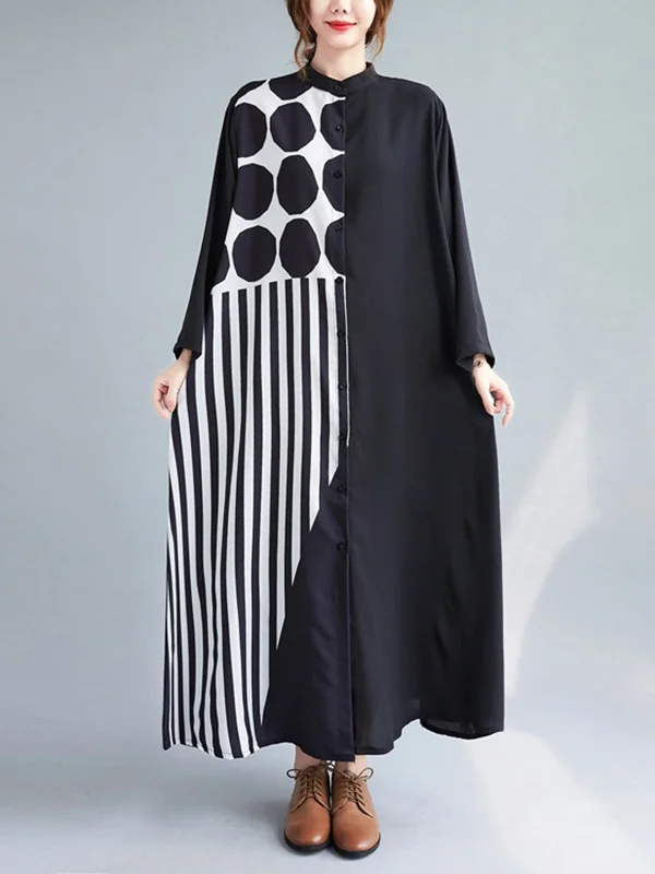 Casual Striped Polka-Dot Long Sleeves Shirt Dress