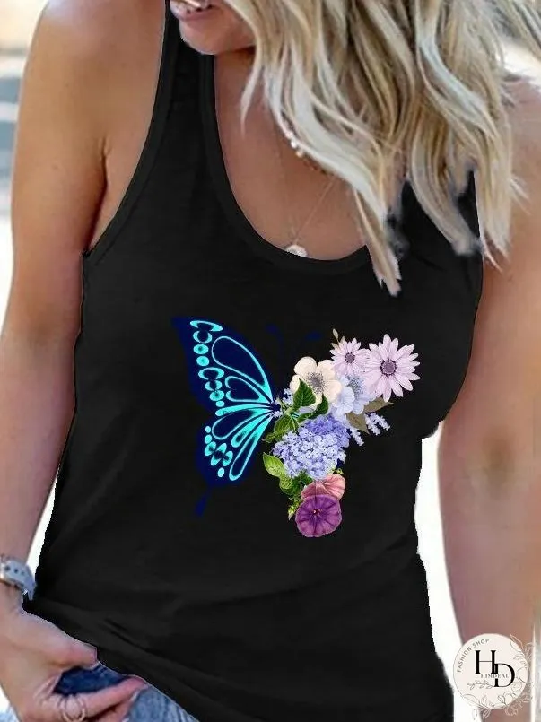 Crew Neck Butterfly Print Vest