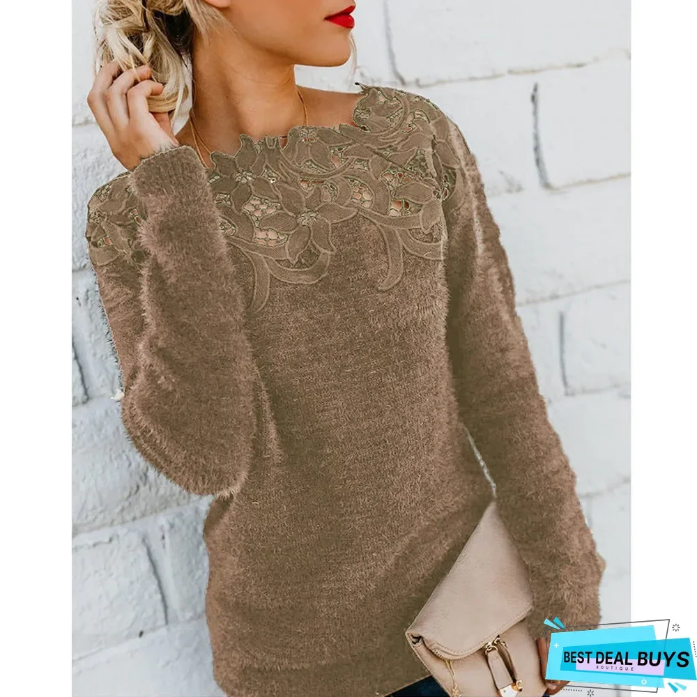 Long Sleeved Sweater Stitched Solid Lace Sweater