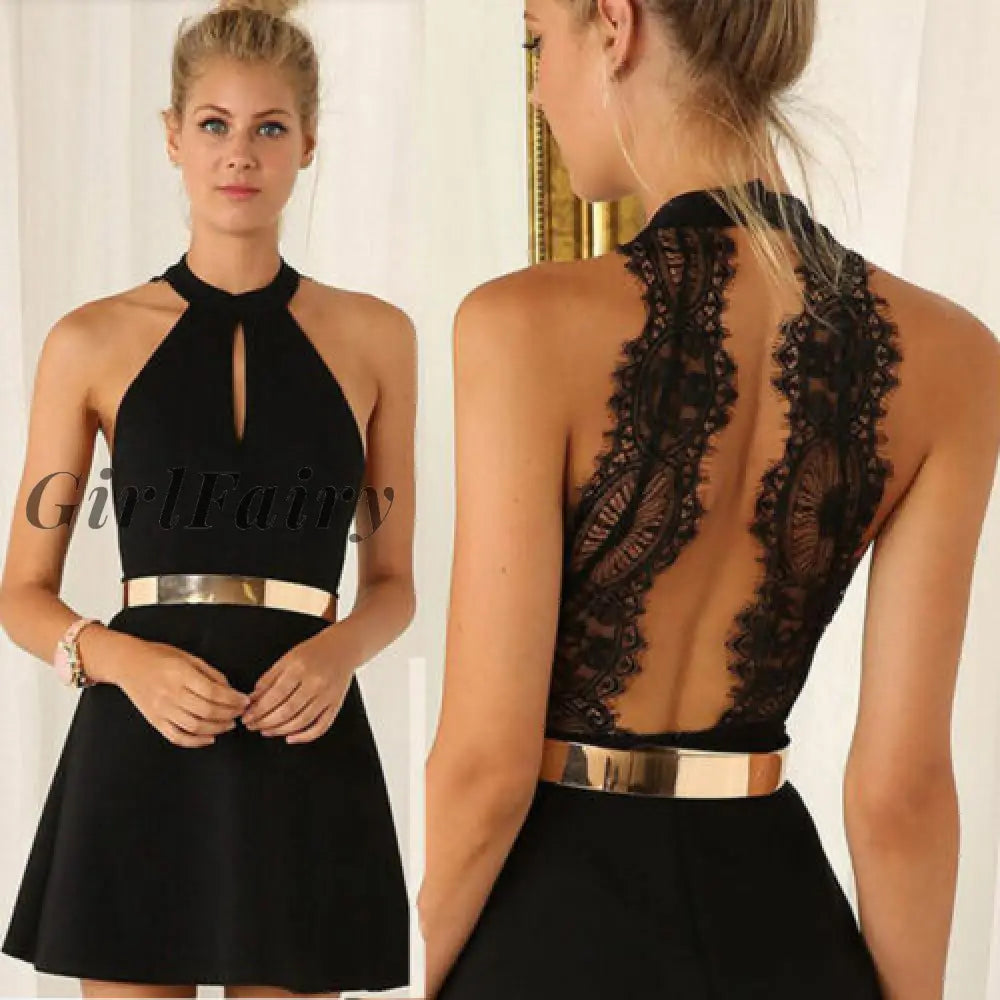 Girlfairy 2023 New Women Ladies Summer Solid Hanging Neck Lace Casual Sleeveless Formla Party
