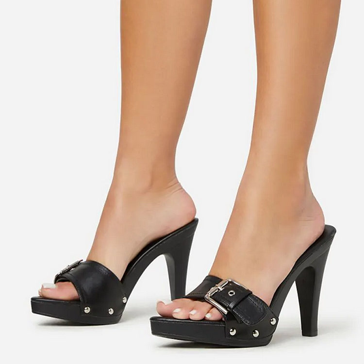 Elegant Black Pointed Toe Cone Heel Buckled Platform Mules |FSJ Shoes