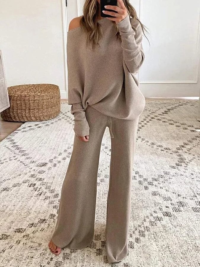 Women's Fashion Loose Crew Neck Sweater Wide Leg Pants Casual Set