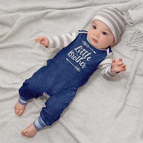 2PCS Little Brother Letter Stripe Printed Baby Long Sleeve Jumpsuit