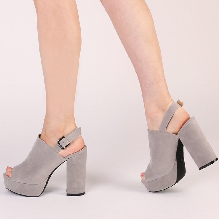 Grey Peep Toe Platform Slingback Shoes Chunky Heel Pumps |FSJ Shoes