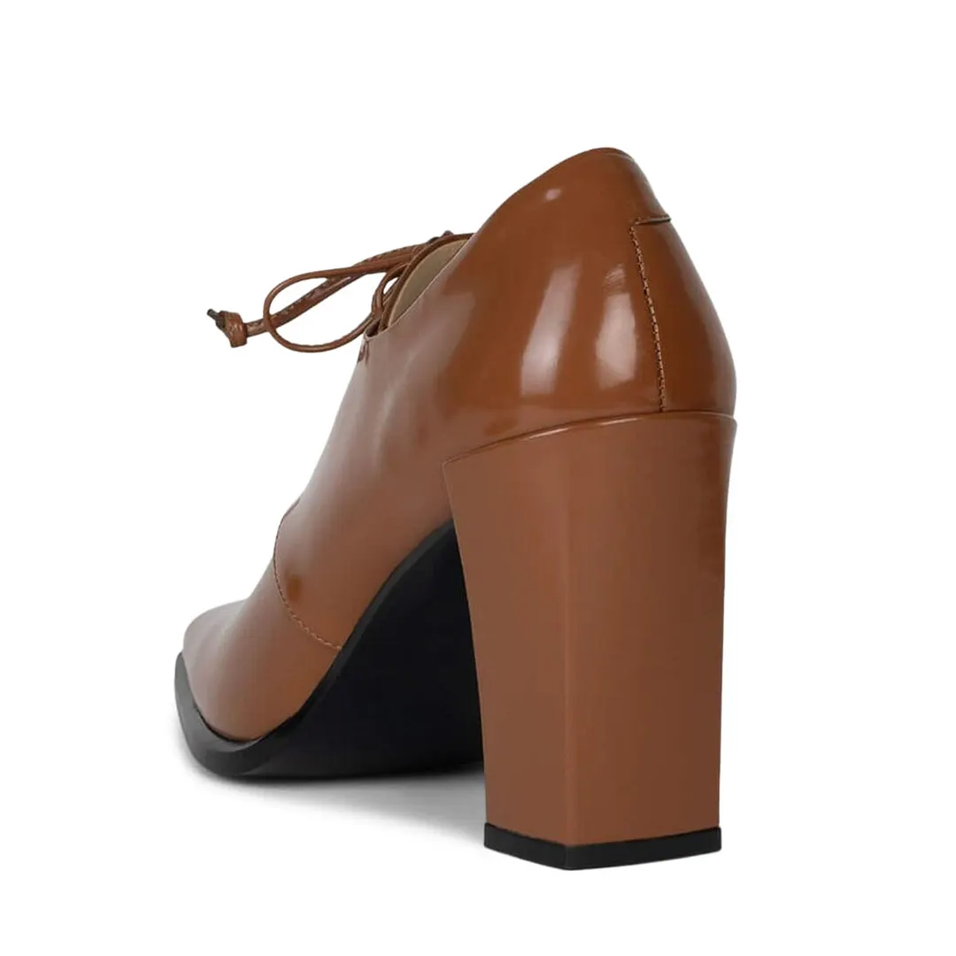 Classic Brown Patent Leather Lace-Up Women's Oxfords with Square Toe