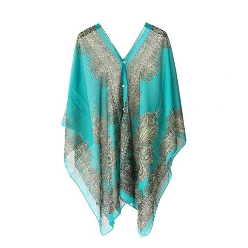 Women Summer Beach Bikini Cover Up Loose Chiffon Blouse Shawl Scarf with Button-s suitable for party holiday daily wear