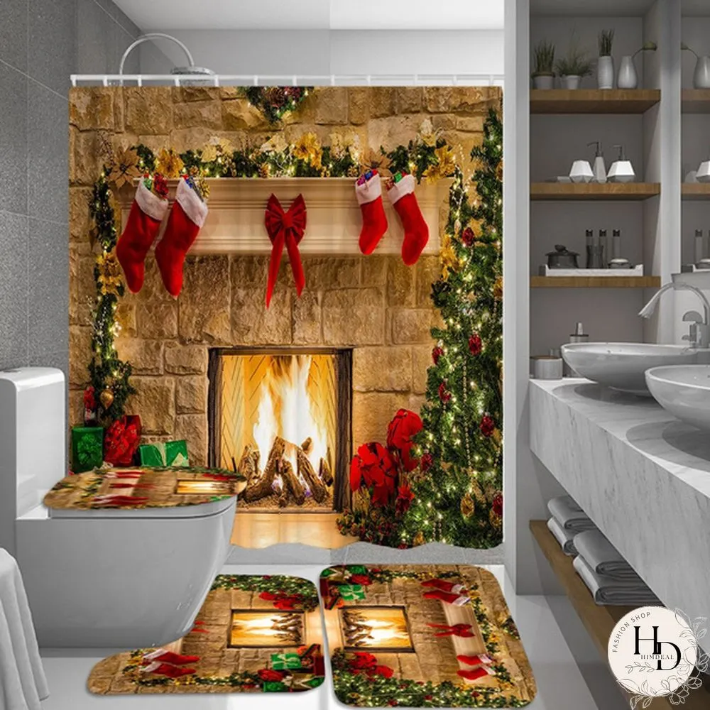 Watershed Christmas Shower Curtains Bath Mat Set Xmas Eve Fireplace Gifts Red Socks