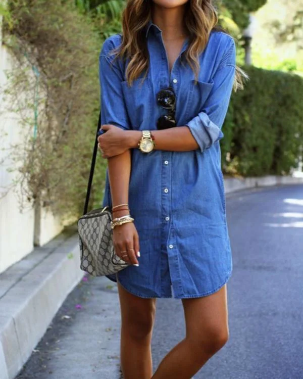 Plus Size Blue H-line Denim Long Sleeve Casual Dress