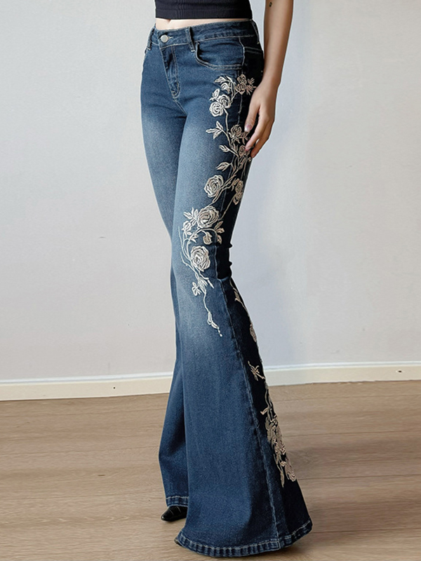Rose Embroidered Bell-bottom Jeans