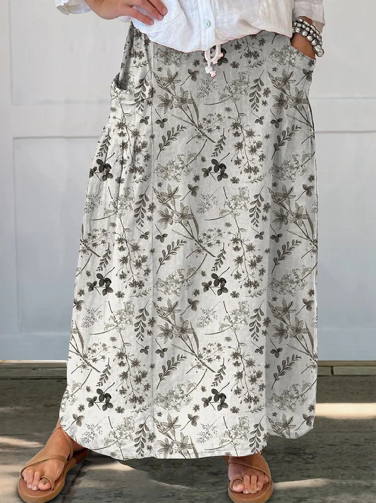 Women's Vintage Floral Art Linen Pocket Skirt