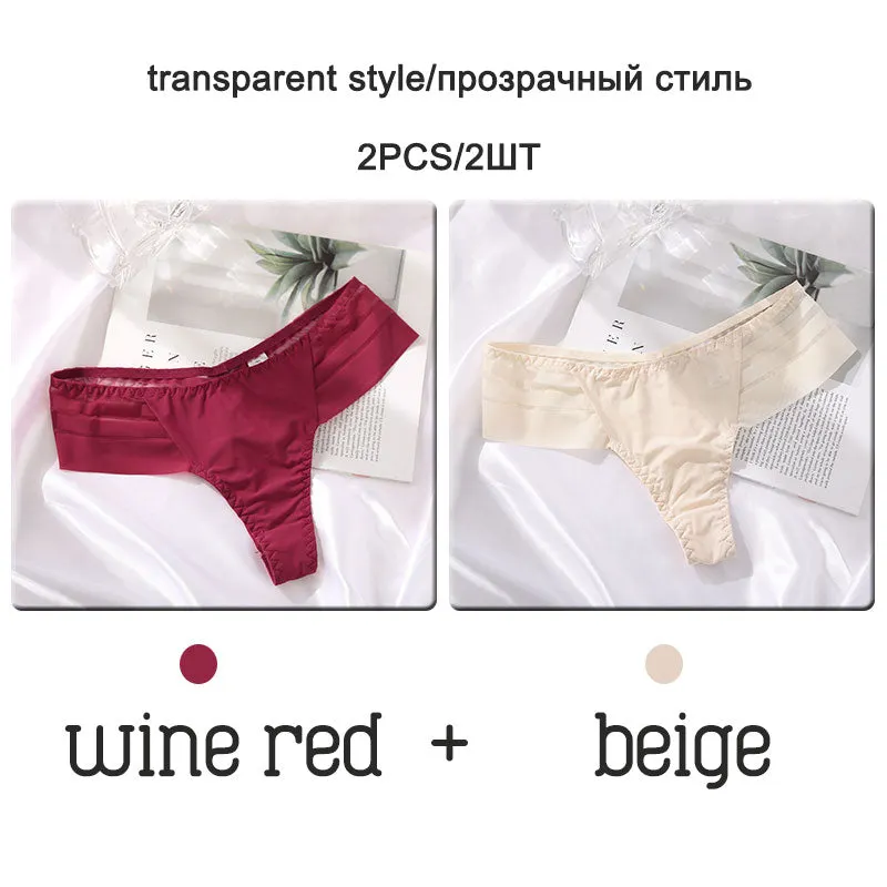 FINETOO 2Pcs/set Sexy Thongs Women Low Waist G-string Panties Fashion Hollow Out Seamless Underwear Perspective Underpants 2021