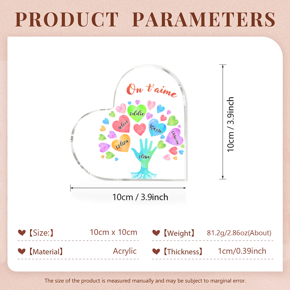 Plaque Acrylique en Forme de Cœur 6 Prénoms Personnalisés avec Texte pour Famille