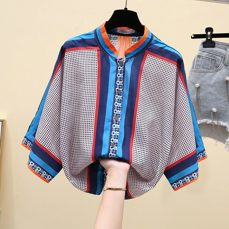 2021 Summer New Wave Dot Contrast Color Bat Sleeve Cover Belly Shirt Female Design Sense Niche Chiffon Top Short GX1417