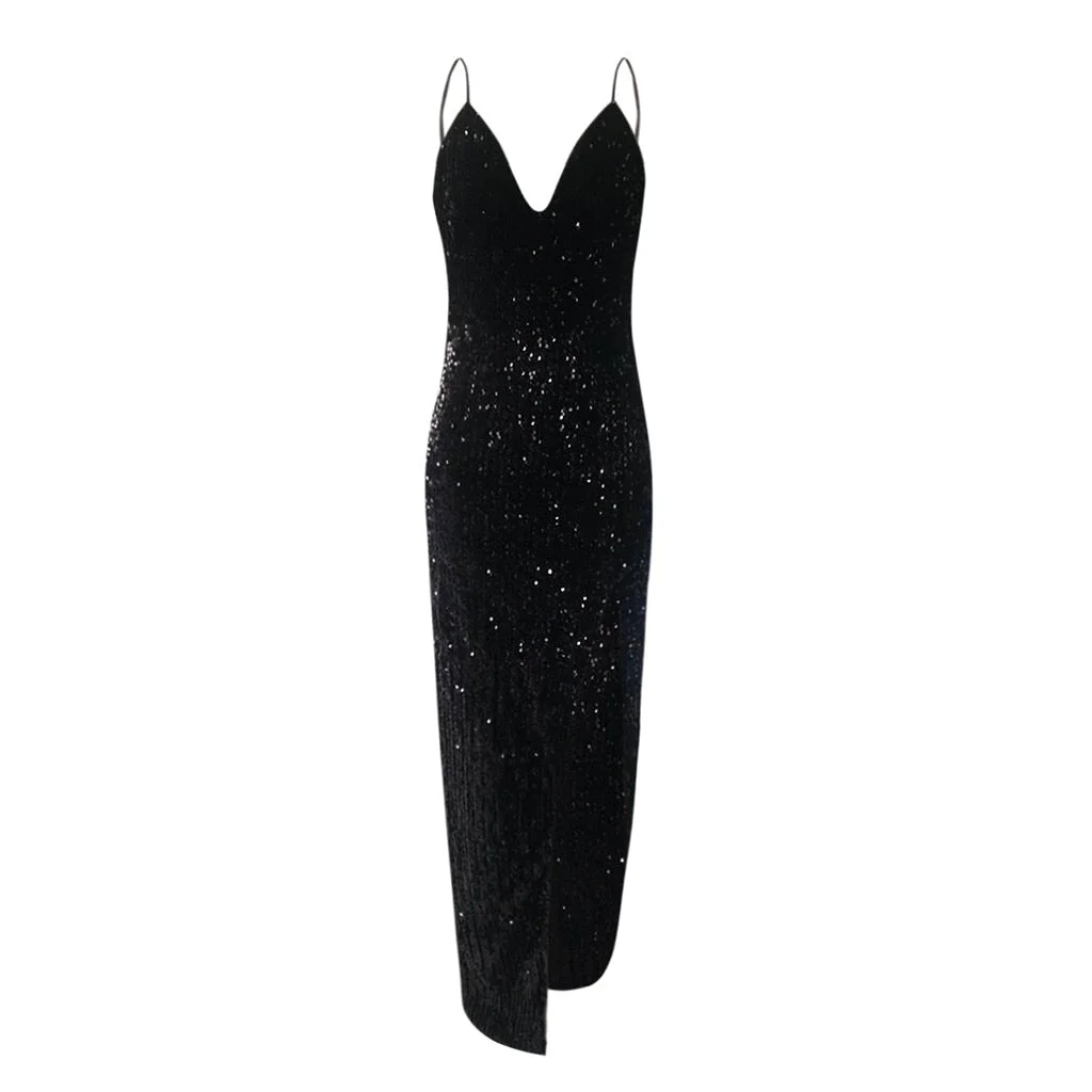 Sexy Club Sequined Dress For Women Black Strap Long Maxi Dresses Backless Solid Color Split Floor Dress