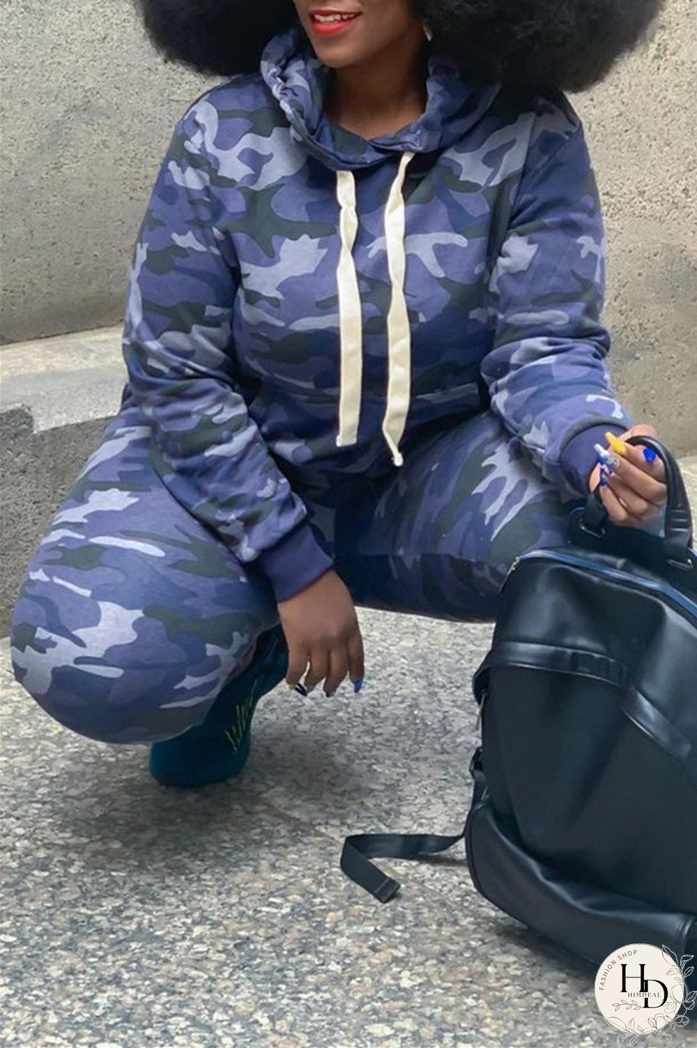 Camouflage Fashion Casual Camouflage Print Basic Hooded Collar Plus Size Set