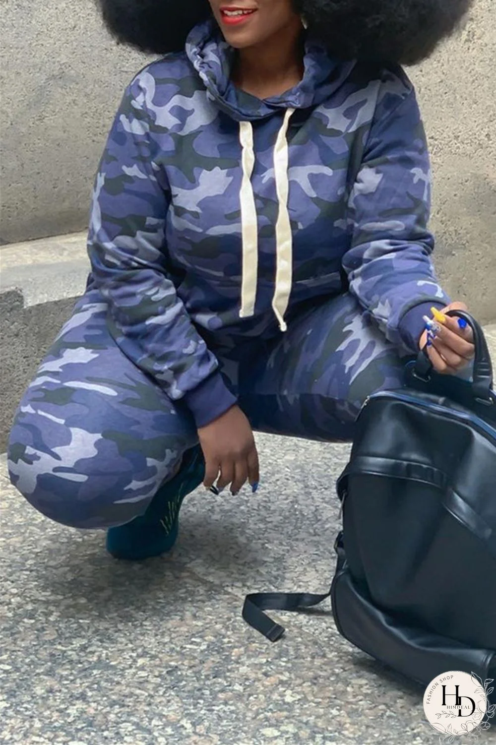 Camouflage Fashion Casual Camouflage Print Basic Hooded Collar Plus Size Set